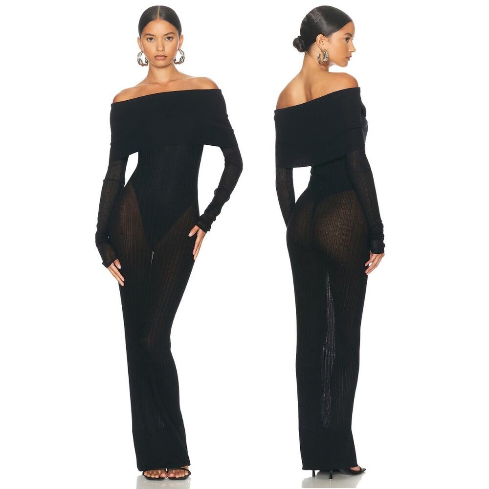Helsa Justin Maxi Dress Sheer Knit Off Shoulder Party Evening Cocktail Fall M